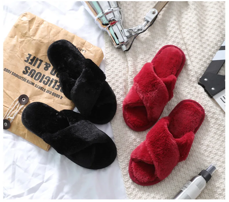 

Winter Women House Slippers Faux Fur Fashion Warm Shoes Woman Slip on Flats Female Slides Black Pink cozy home furry slippers, Colorful