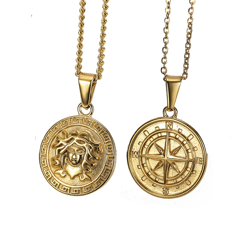 

Mythology Medusa Gorgon Necklace For Women Men Ancient Greek Symbol Jewelry Stainless Steel Compass Necklace Wing Pendant Chain