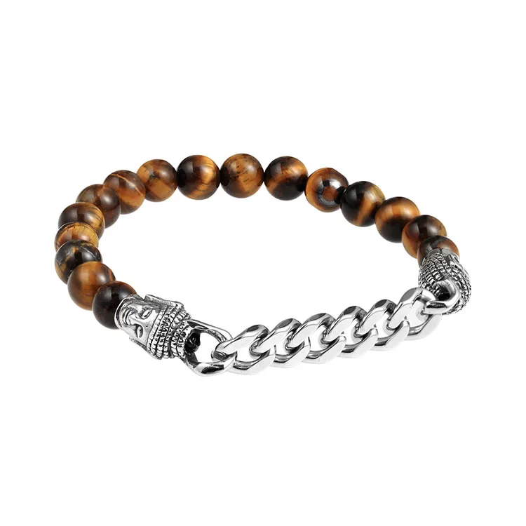 

BS3094 Fashion Tiger Eye Stone Beaded Buddha with Curb Chain Men's Spiritual Bracelets