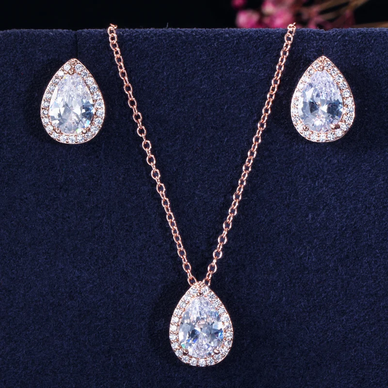 Tear Drop Design Simple Fashion Sparking Pear Cut Cubic Zircon Pendant Necklace and Earrings Jewelry Sets for Women Girl Gifts