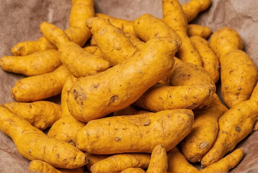 Fresh turmeric root next to ginger on a wooden cutting board