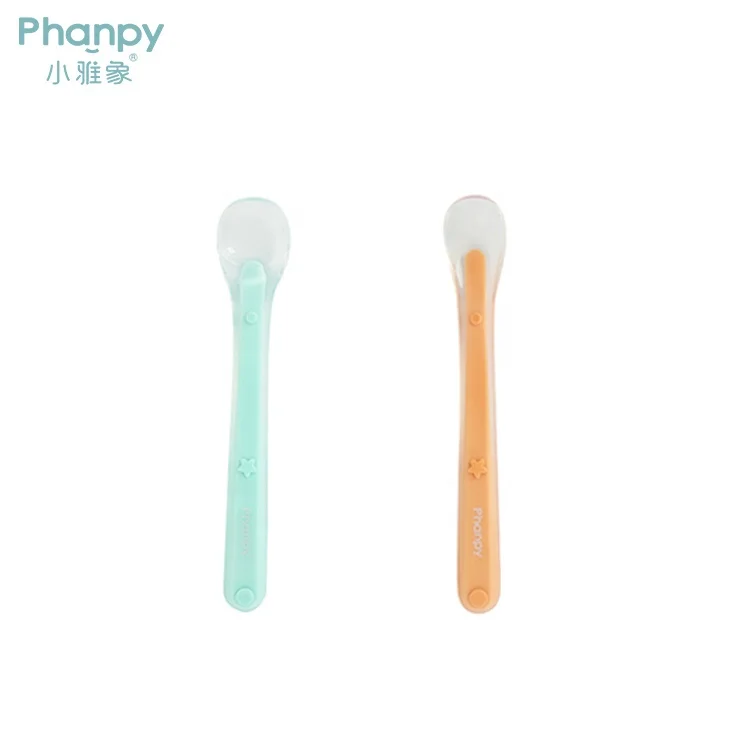

PH760548 Food Grade Eco-Friendly Spoon Set BPA Free Korean Silicone Spoon Baby For Infant Feeding, Blue and orange, customized