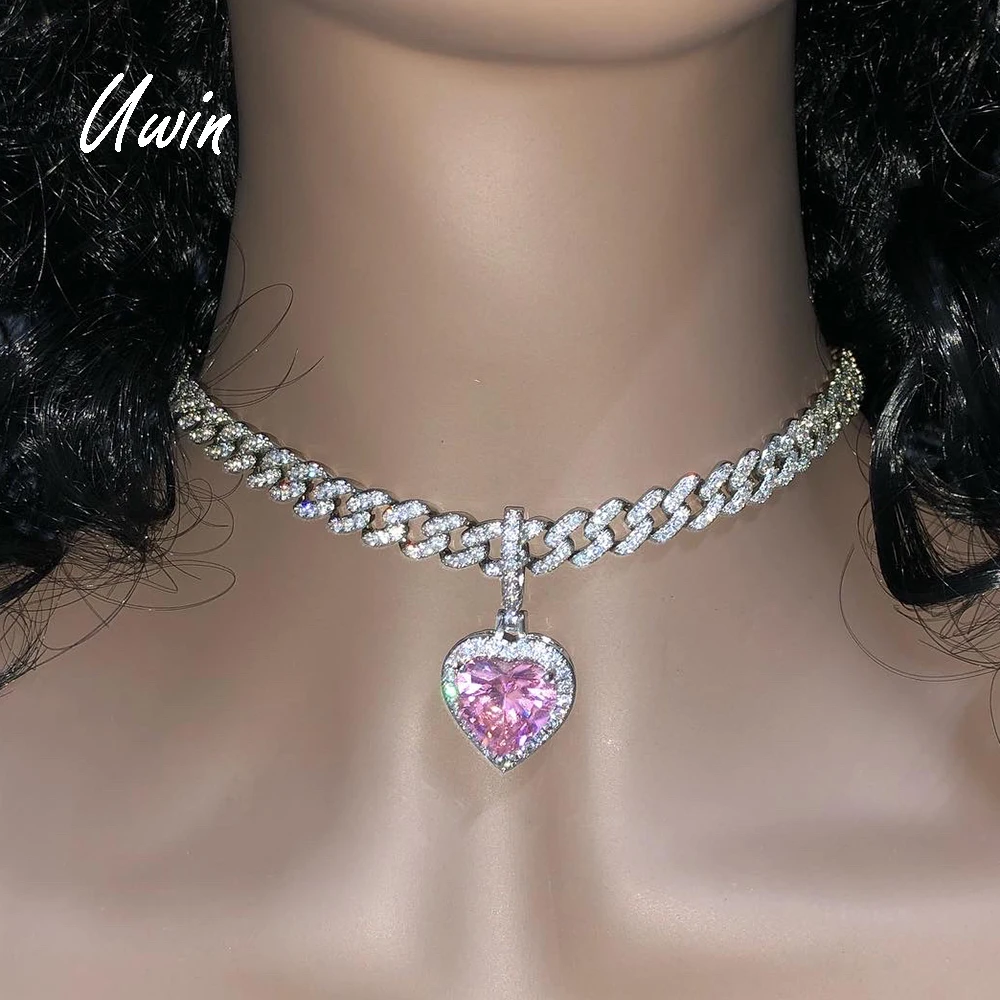 

Iced Out Heart CZ Pendant Cuban Link Chain Choker Necklace Women Fashion Hip Hop Rapper Jewelries, Pink, clear