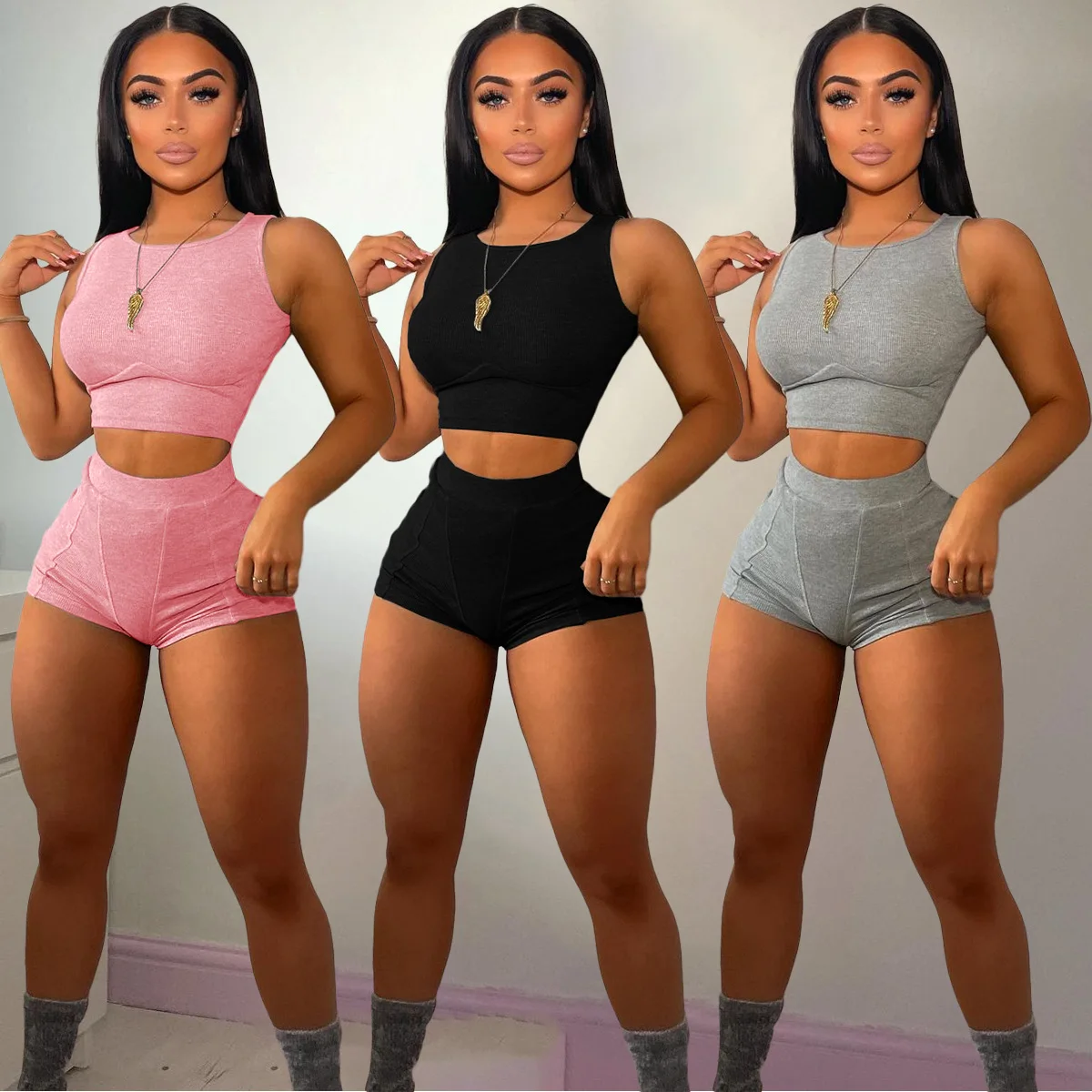 

wholesale soild color crop top short pants sportwear bodycon plus size women two piece matching short sets, Picture color