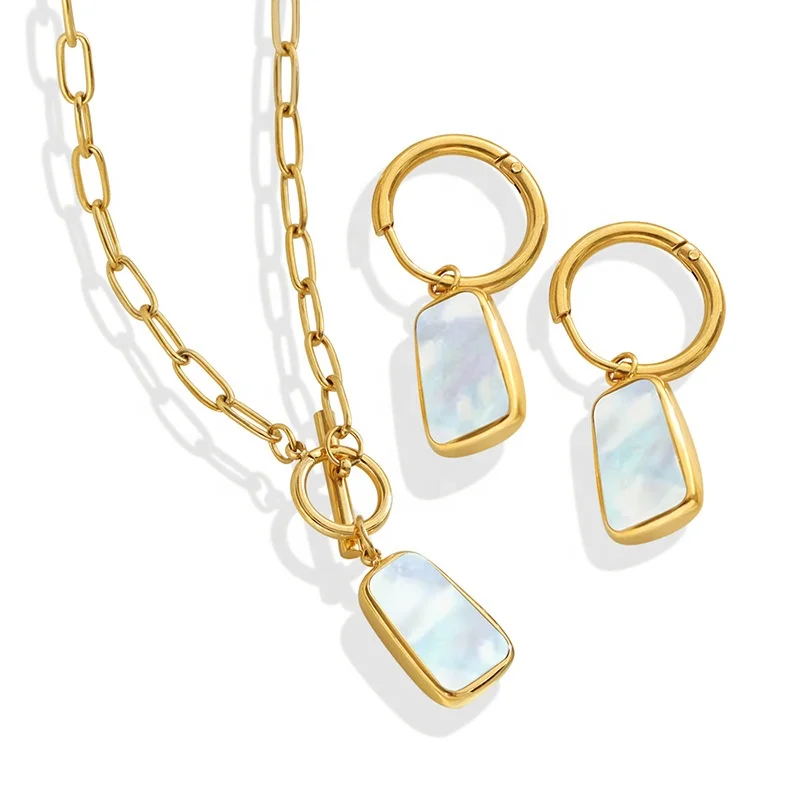 Wholesale 14k Gold Plated Stainless Steel Necklace Set Non Tarnish Free Waterproof Geometric White Shell Hoop Earrings