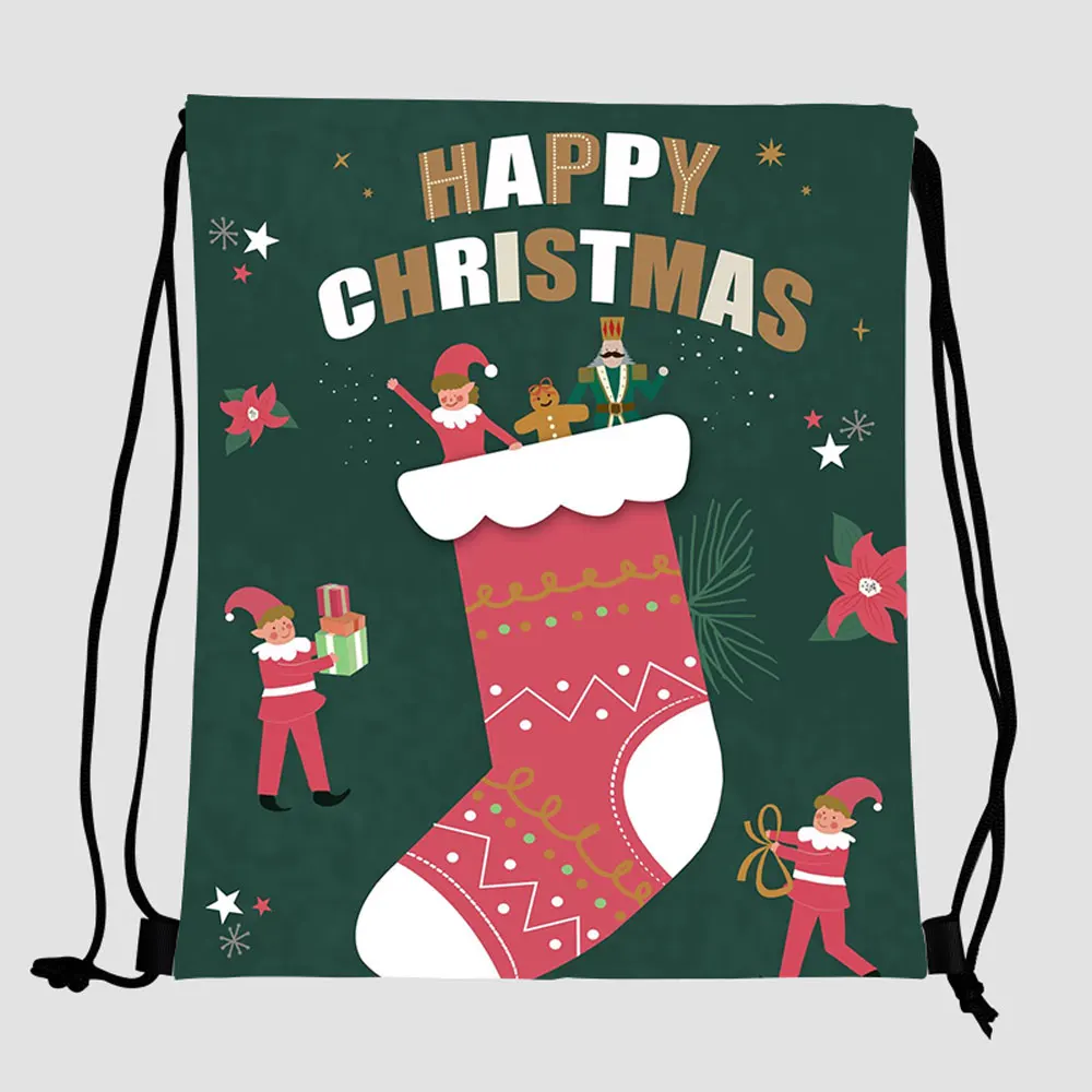 

2021 custom logo polyester Christmas style drawstring backpack kids bag promotional eco friendly cheap string for ladies men