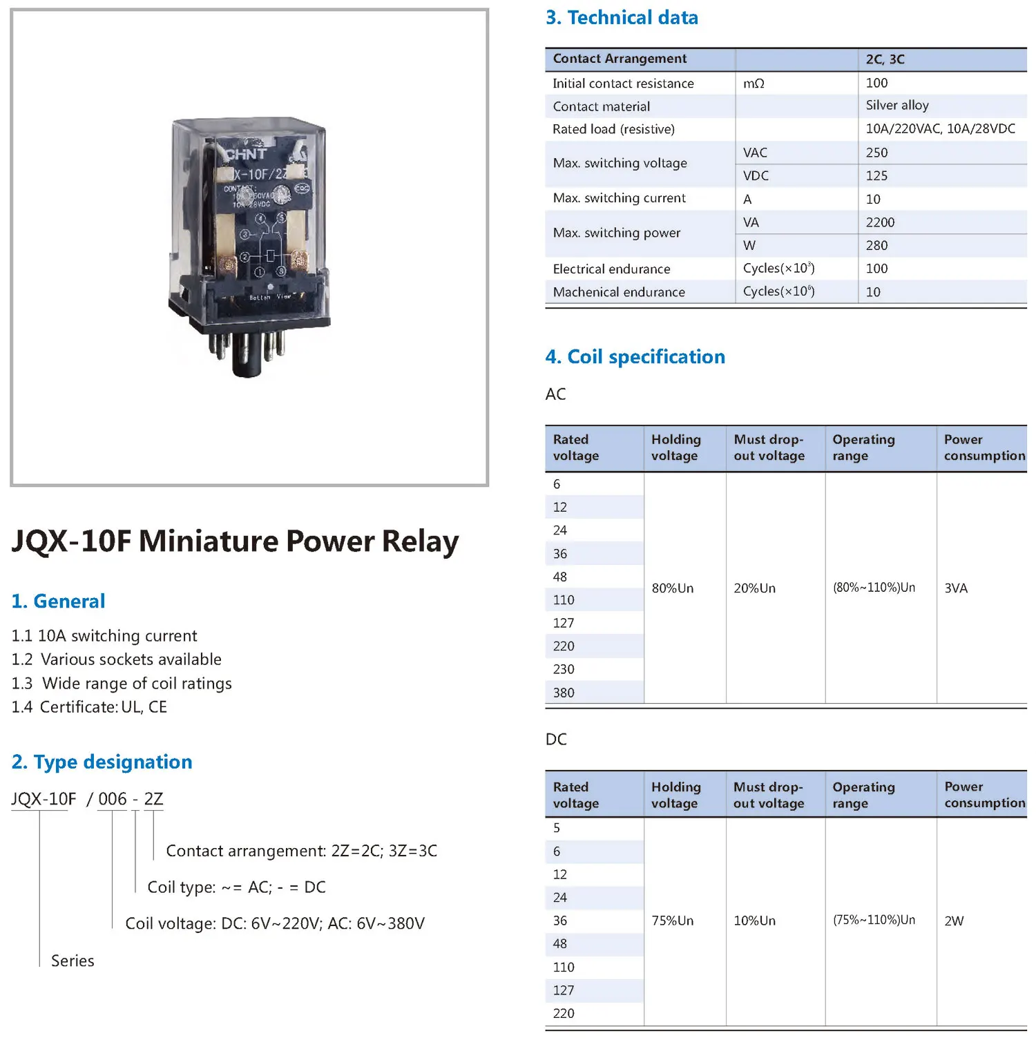 Chint original JQX-10F JQX-10F/2Z JQX-10F/3Z 10A AC DC 6V 12V 24V 36V 48V 110V 127V 220V 380V CHNT Miniature Power Relay