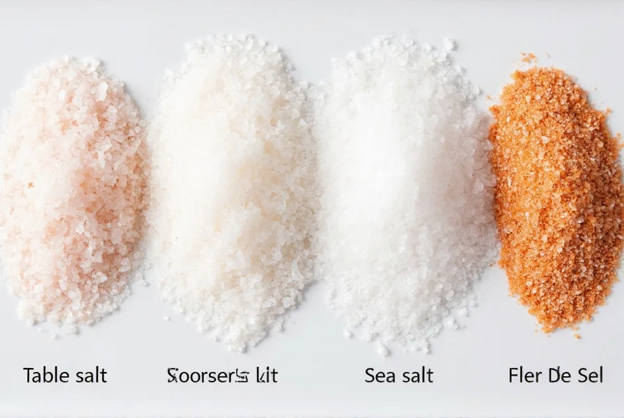 Close-up comparison of different salt varieties showing texture differences between table salt, kosher salt, sea salt, and fleur de sel