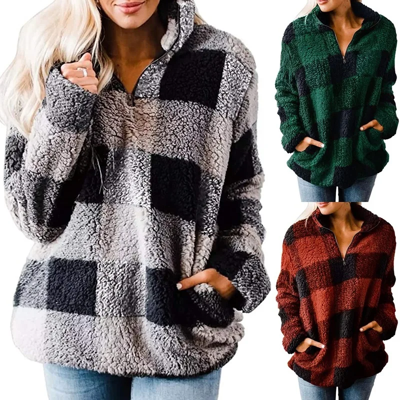 

CT-001 High Quality Women's casual Plaid Long Sleeve Zipper Sherpa Fleece Pullover Sweatshirt Pockets Coat