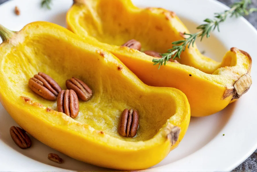 Perfectly baked pepper squash halves with golden edges, garnished with fresh thyme and pecans on a white ceramic plate