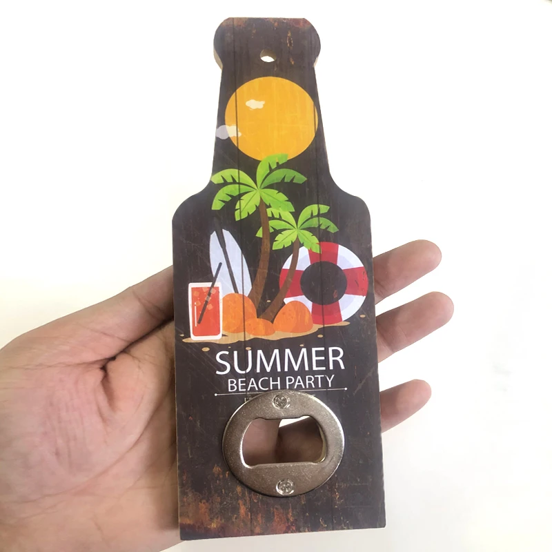 

Factory custom Retro Wooden Metal Wall Mounted Beer Bottle Opener for club and bar