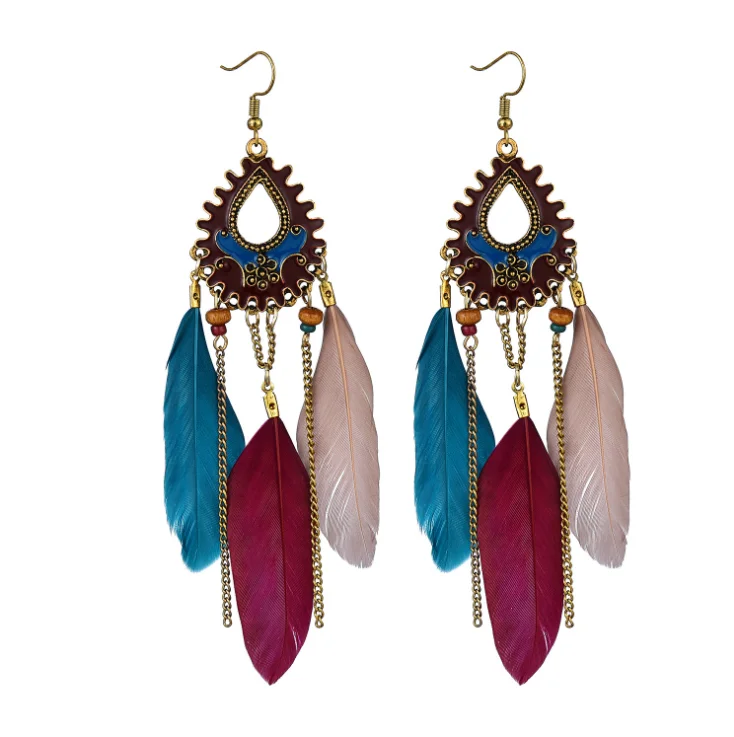 

2021 Hot Sale Elegant Beaded Feather Earrings Women Copper Alloy Earrings, As picture