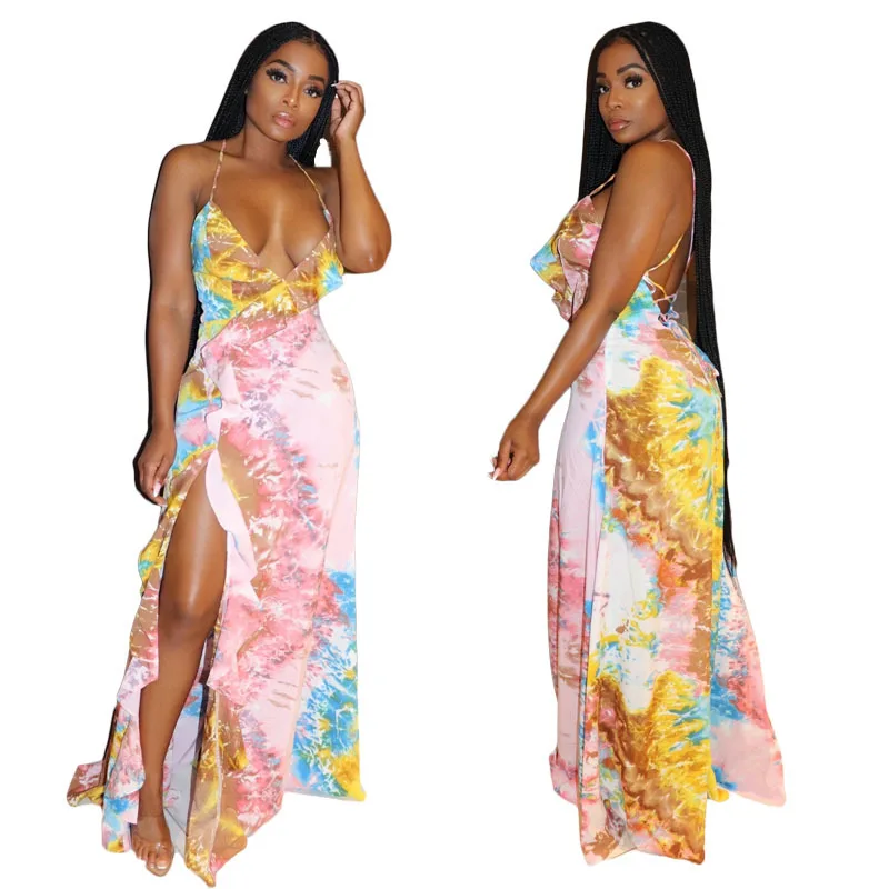 

2021 Summer Sexy Dress Women Sling Fashion V Neck Sleeveless Split Tie Dye Long Maxi Dresses For Women