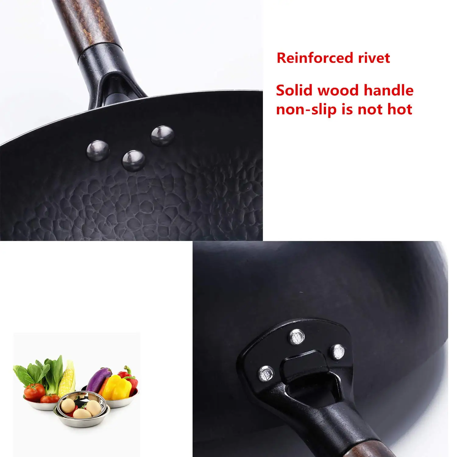 Black Steel Hand Hammered Wok With Fish Scale Shape Pow Wok With Wooden ...