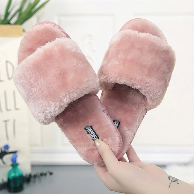 

Jtfur Women House Winter Warm Fluffy Sliders Indoor Soft Open Toe Fur Slides Footwear Slippers for Girls, Customized color