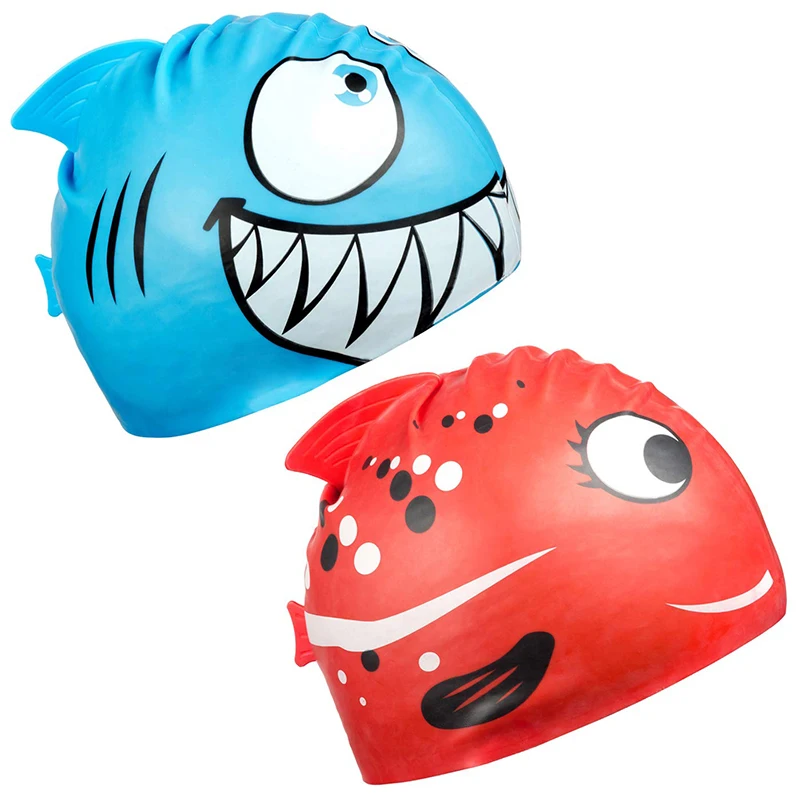 

Cartoon Fish Shark 100% Silicone Waterproof Summer Pool Ear Protector Swimming Hat Swim Cap for Girl Boy Baby Kids Children, Shown as picture