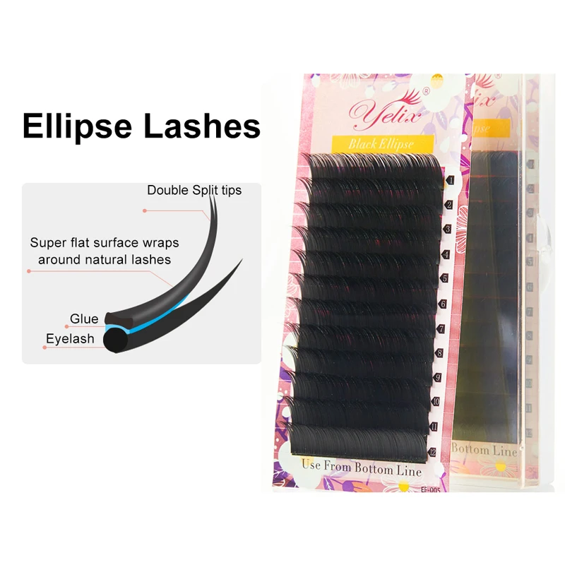 

Yelix Super Soft No Stickly Matte Ellipse 2tips Individual False Eyelashes Black Ellipse Flat Eyelash Extension, Matte black