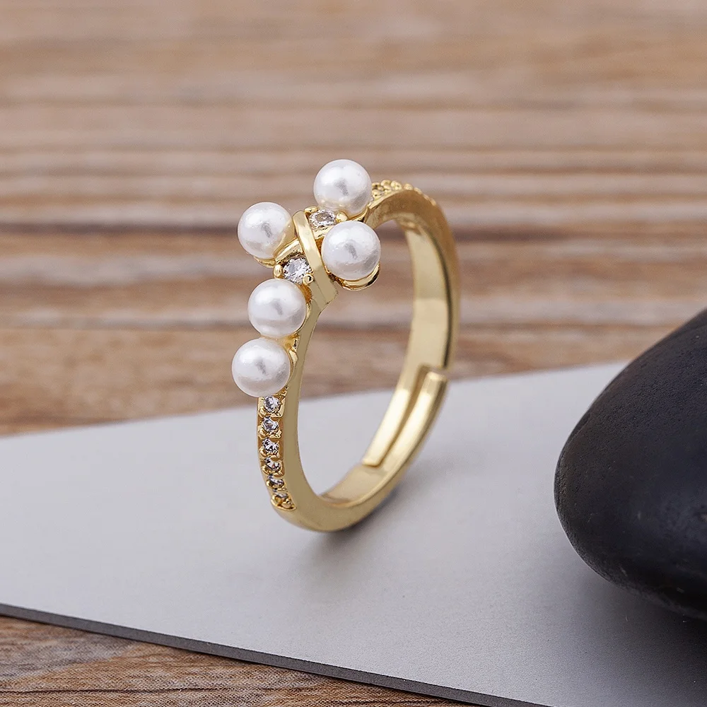 

2021 Cubic Zirconia Plated Plating Custom Diamond Pearl Ring Minimalist Gold Jewelry Pearl Lady Ladies Women Shine Rings Party