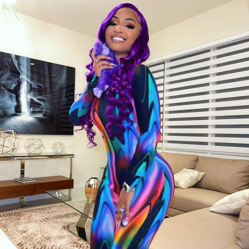 

2021 Winter Sexy Colorful Tie Dye Round Neck Slim jumpsuit Women Long Sleeve
