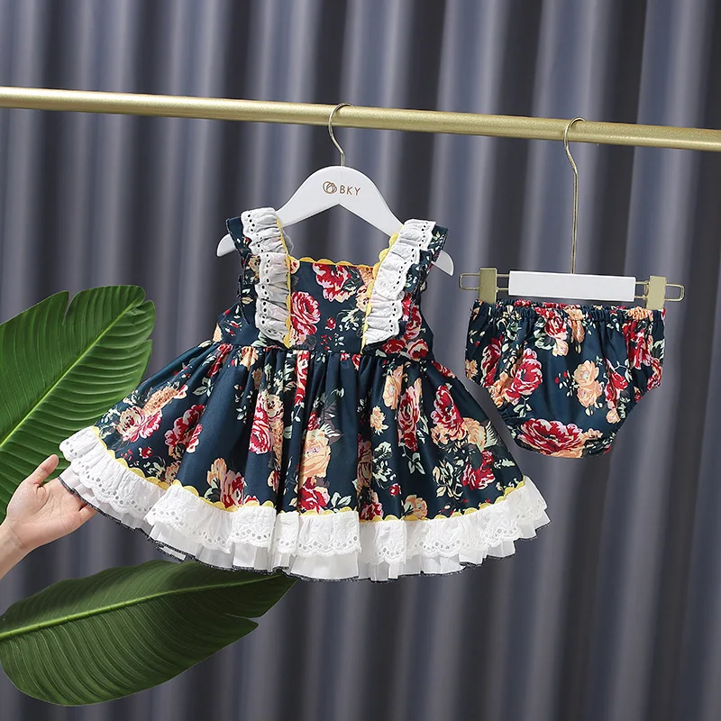 

2PCS Summer Lolita Spanish Prnicess Vintage Maid Lace Ball Gown Dress For Baby Girls Birthday Party Easte 0-6Y