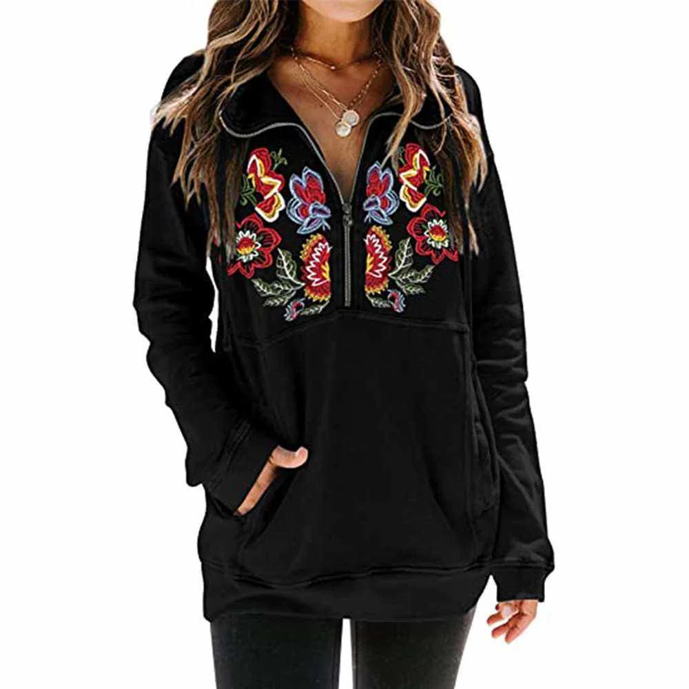 

Premium Pullover Women Half Zipper Custom Floral Embroidery Sweatshirts, Black