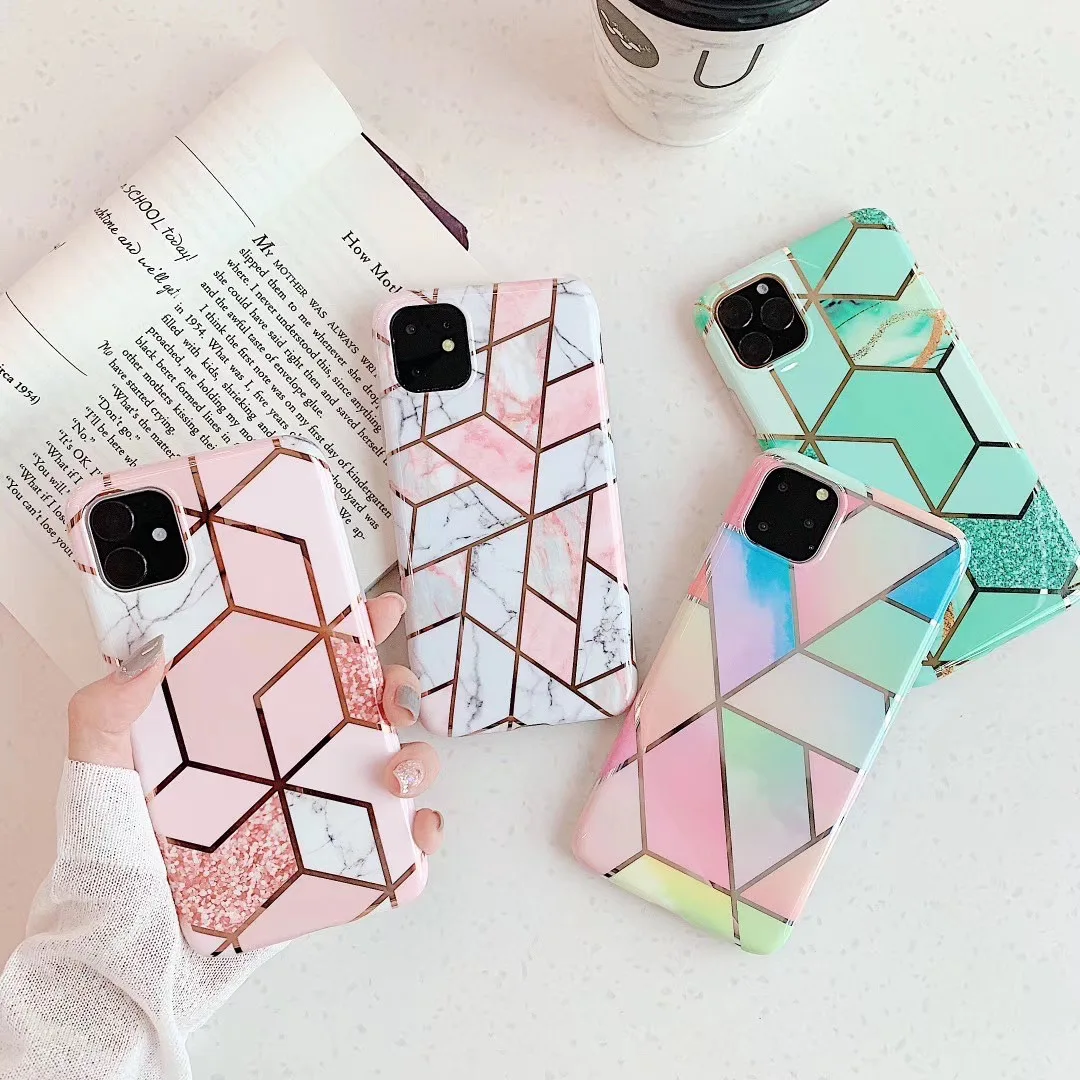 

2020 Glitter Geometric Marble Design TPU Soft Cover Case for iPhone 12 IMD Plating Phone Case for iPhone 12 Pro Max