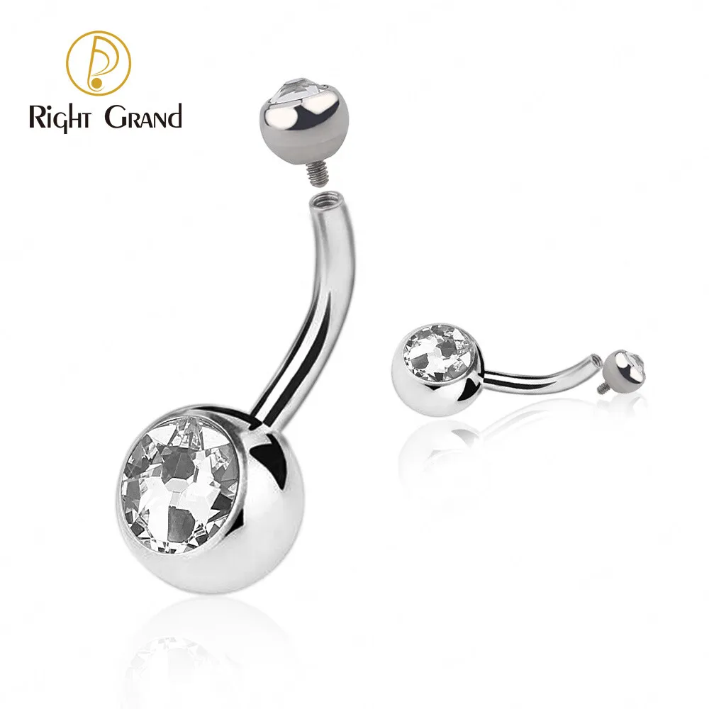 

Right Grand Implant Grade Titanium 14G Clear CZ Internally Threaded Press Fit Clear Curved Belly Button RingS