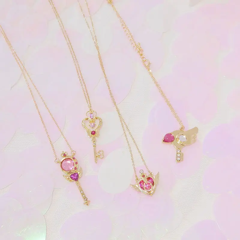 

Japan Anime Sailor Girl lovely heart Key Wand Crystal Pendant Necklace for Girls Cosplay Gift