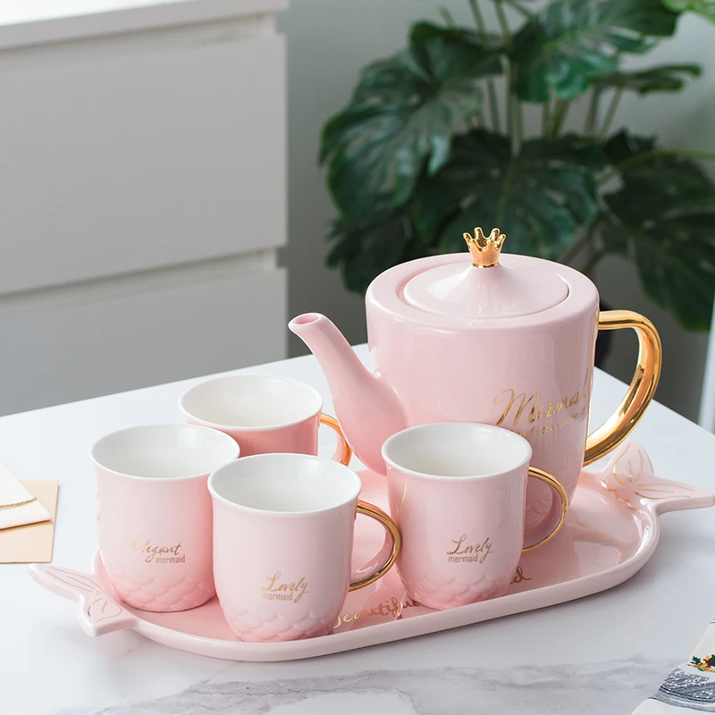 

Feiyou custom wholesale Mermaid Ceramic Teapot Set Simple Gift Painted Cup and saucer sets Ceramic Creative Coffee mugs Set, As the picture show