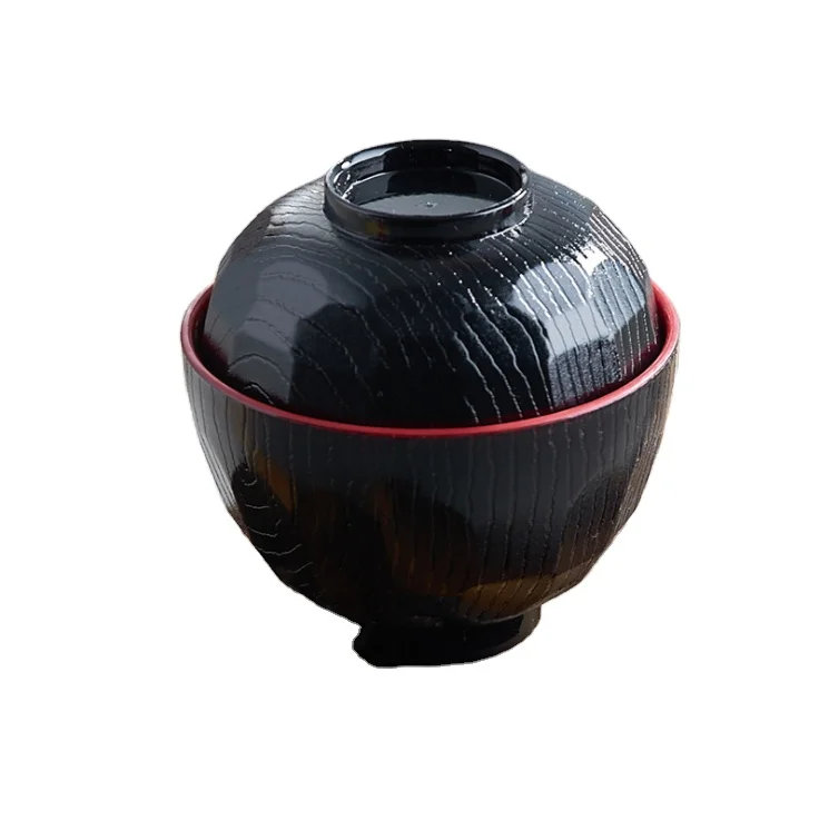 

Japanese Style Traditional Plastic Lacquered Black and Red Miso Soup Bowl with Lid