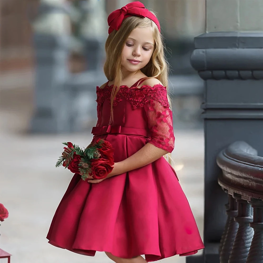 

2021 Kids Off Shoulder Lace Half Sleeve Ball Gown Flower Girls Dress Patterns L5083