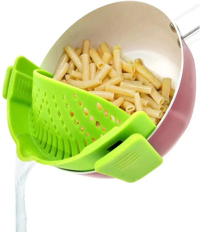 

Wholesale Adjustable Clip On Silicone Food Strainer Snap N Strain Strainer Kitchen Silicone Strainer Fits all Pots and Bowls, Any pantone color available