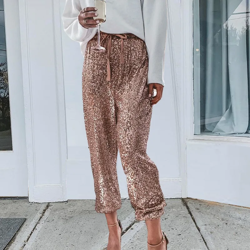 

2021 Autumn fashion ruffled sequin drawstring high waist leggings casual pants for women, 8colors