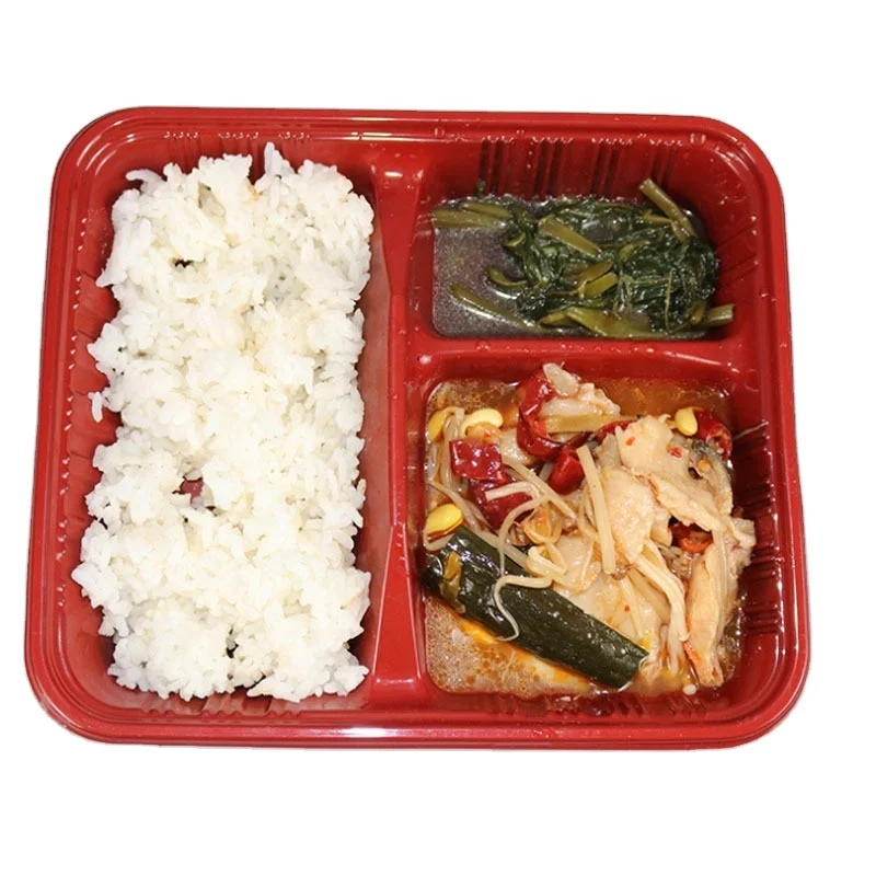 

Microwavable eco takeaway 3 Compartment Bento disposable lunch box plastic, Box:reddish black;lid:transparent