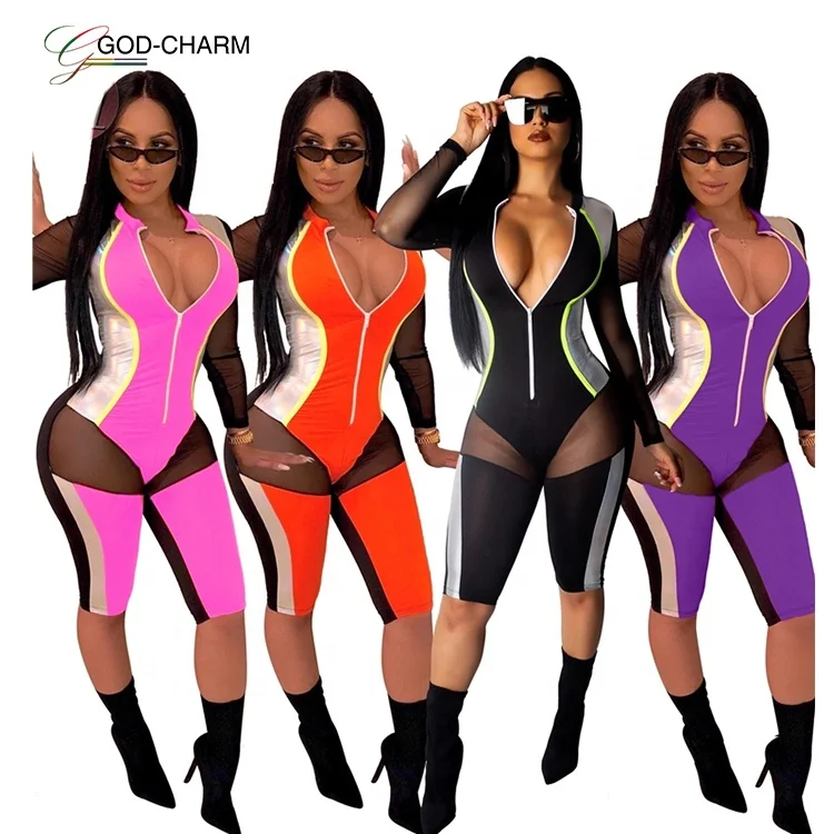 

GC-4323V Wholesale Sexy Women sexy one-piece jumpsuit with PU gold stamping mesh stitching