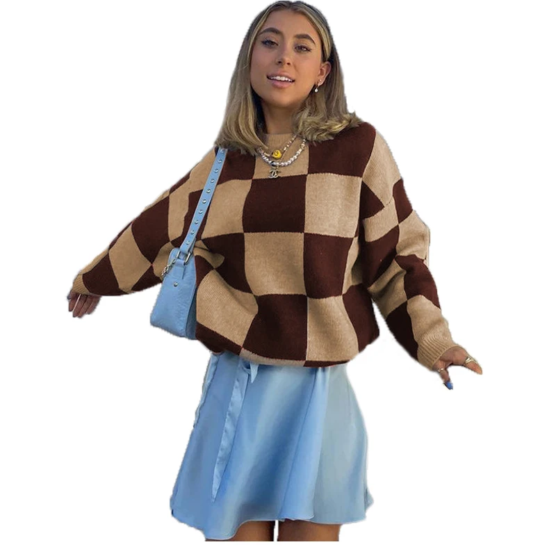 

2021 winter sweaters women baggy brown o neck pullover plaid sweater for women