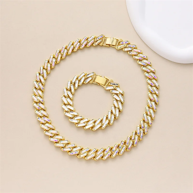 

Hot Newest Design Hip Hop Jewelry Alloy Inlaid AB Glass Diamond Baguette Prong Cuban Link Chain Necklace For Women