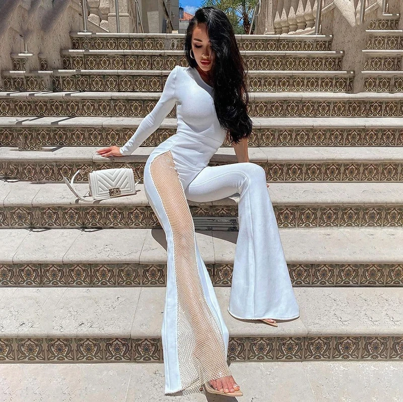 

CUTENOVA M21JP455 New arrival 2021 Mesh fabric jumpsuit One shoulder long sleeve sexy hollow jumpsuit playsuits for evening