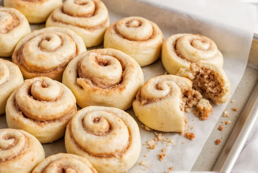 Side-by-side comparison of dense versus perfectly fluffy cinnamon roll cross-sections showing air pocket structure