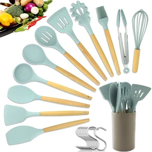 Image of New Color Nylon Wood Wooden Silicone Cooking Tool Kitchen Utensils Set
