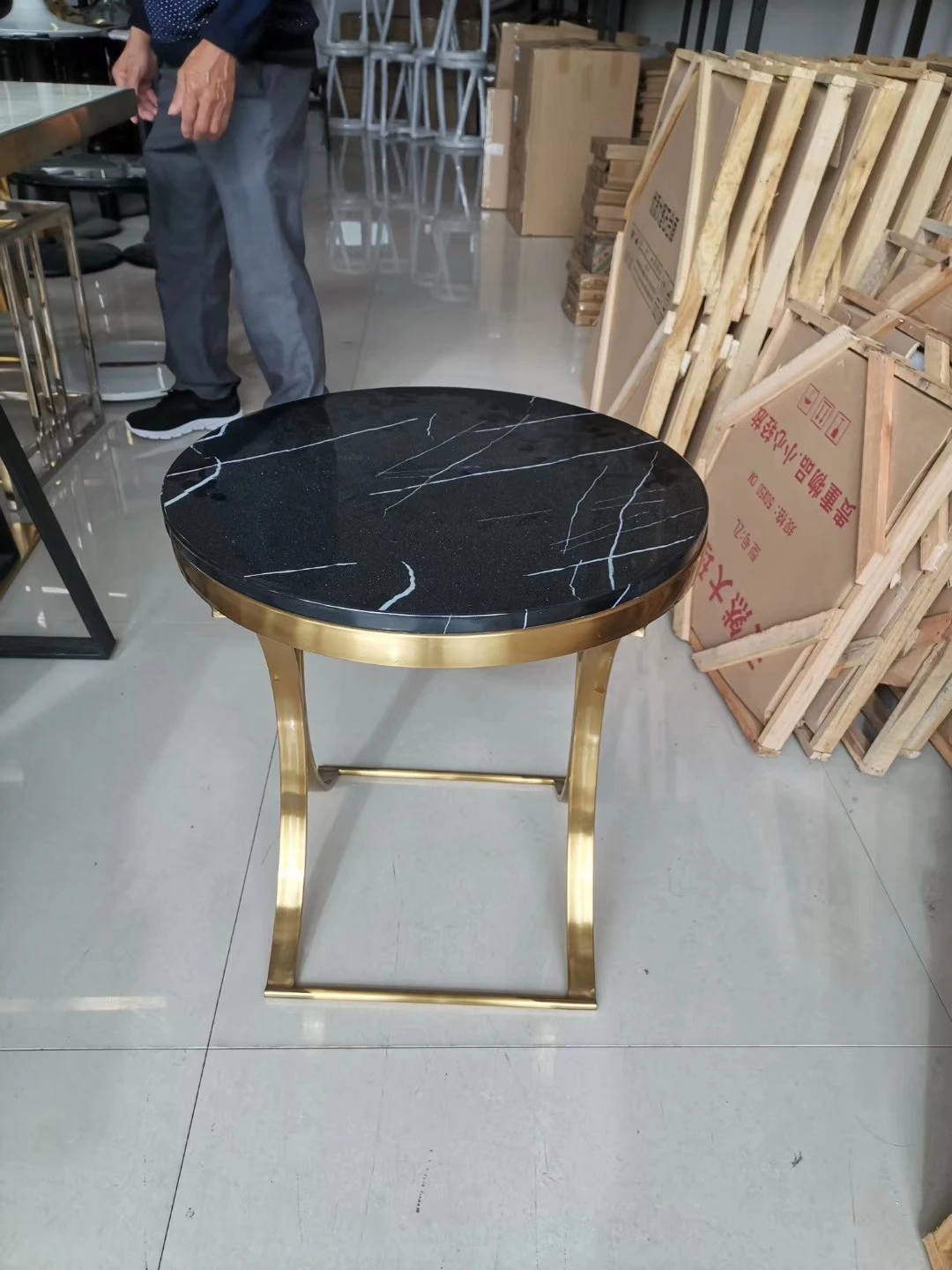 Luxury Modern Design Stanieless Steel Artifical Marble Top Round Side