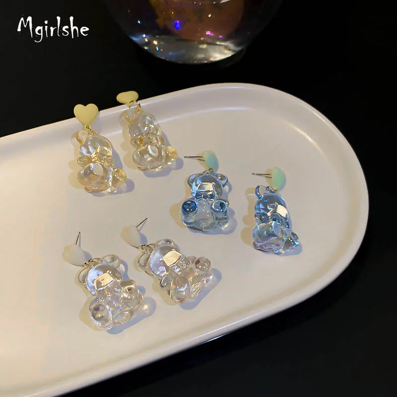 

Mgirlshe Clear Crystal Resin Teddy Bear Cute Heart Pedant Earrings Korean Elegant Statement Small Earring Bear Dangle Earrings