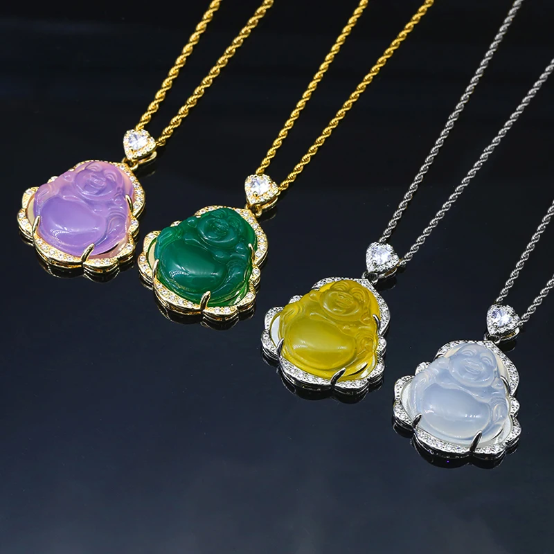 

Luxury 18k Gold Plating Cubic Zirconia Pave Brass Base Purple Pink Green Yellow Natural Jade Laughing Buddha Pendant Necklace