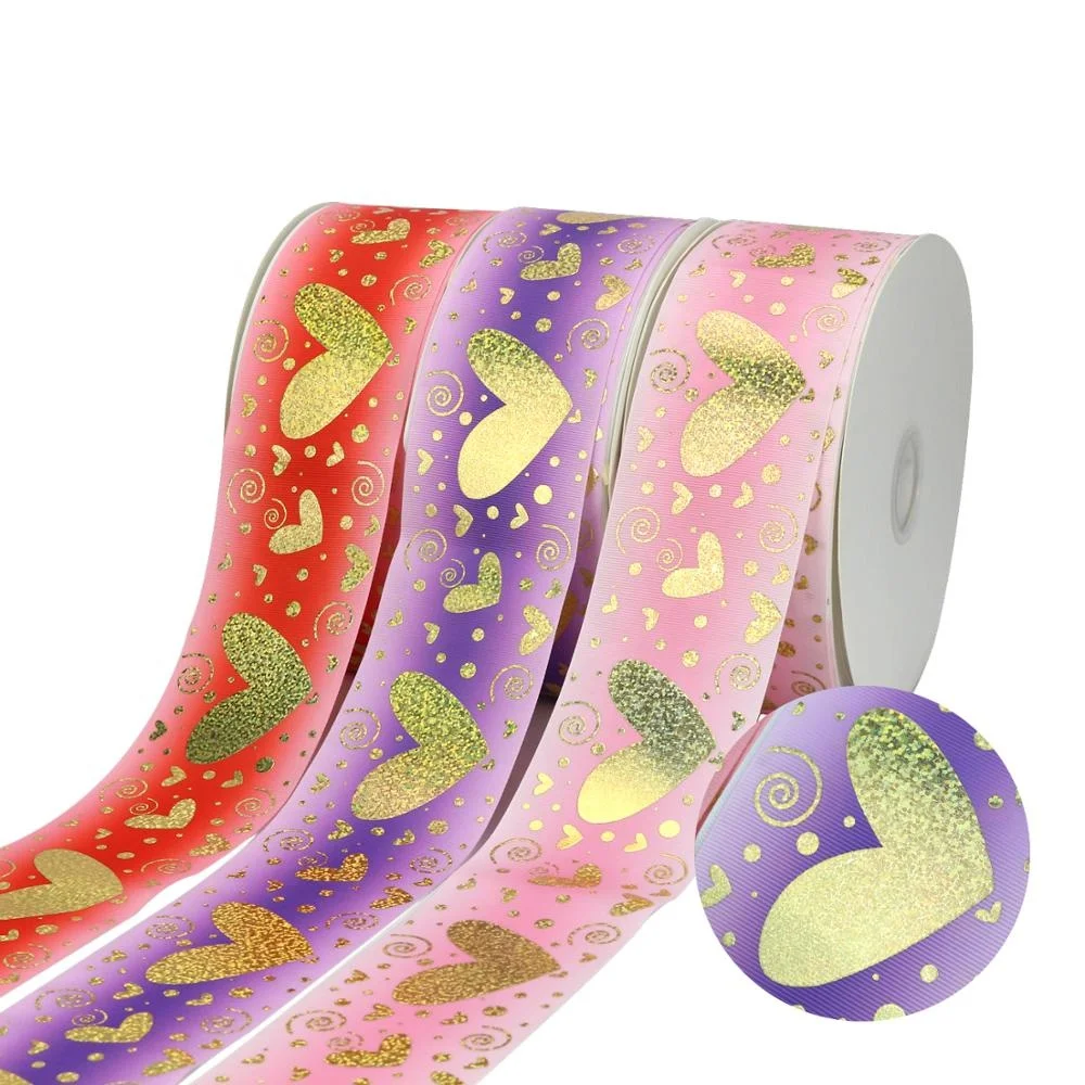 

Midi 75mm Gold Foil Hologram Heart Grosgrain Ribbon With Logo Custom