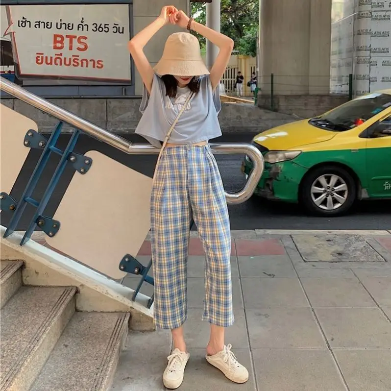 

2020 New Design Ladies Wide Leg Women's Trousers Casual Plaid Plazo Pants For Womens Pants Palazzo Cropped Coat Pants, Black,blue,green