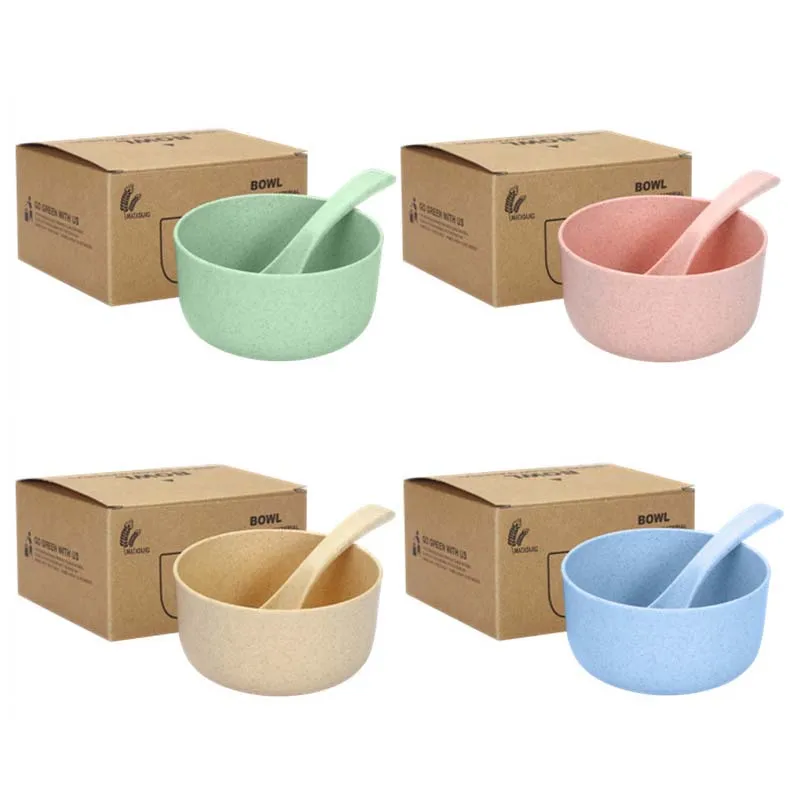 

Eco-Friendly Biodegradable Natural Wheat Straw Kids Bowl Set Children Bowls With Spoon, Pink/blue/green/beige