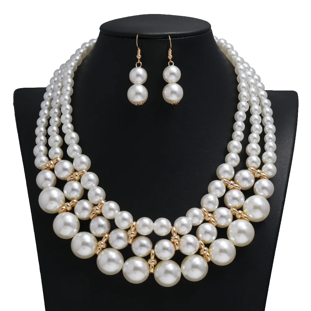 

Women Elegant Pearl Jewelry Set Bead Cluster Collar Bib Choker Necklace and Earrings, Blue