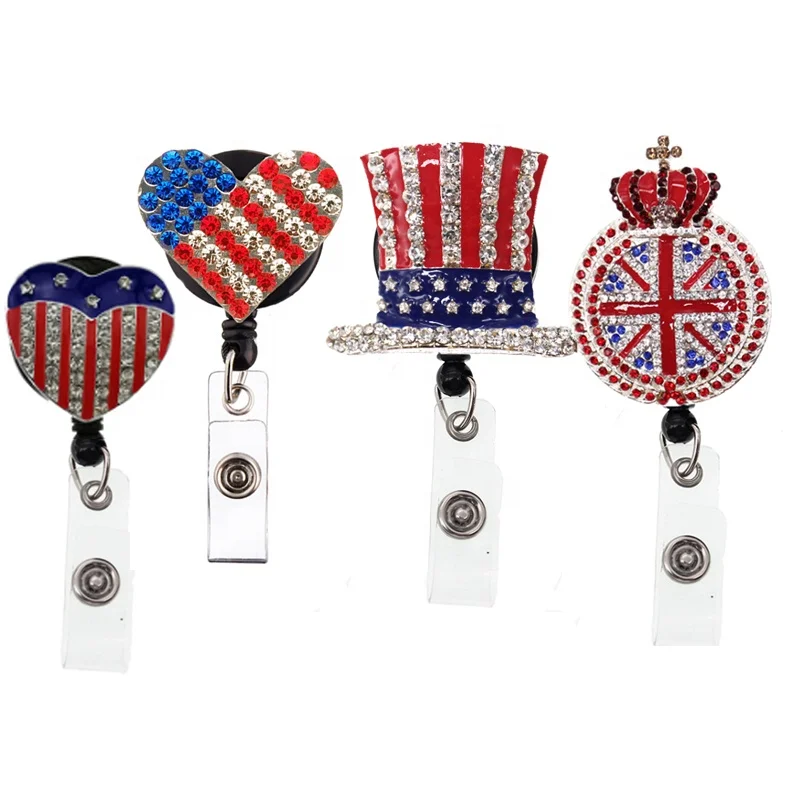 

Rhinestone USA Flag American Retractable Badge Reel For Nurse Accessories Gifts ID Card Badge Holder