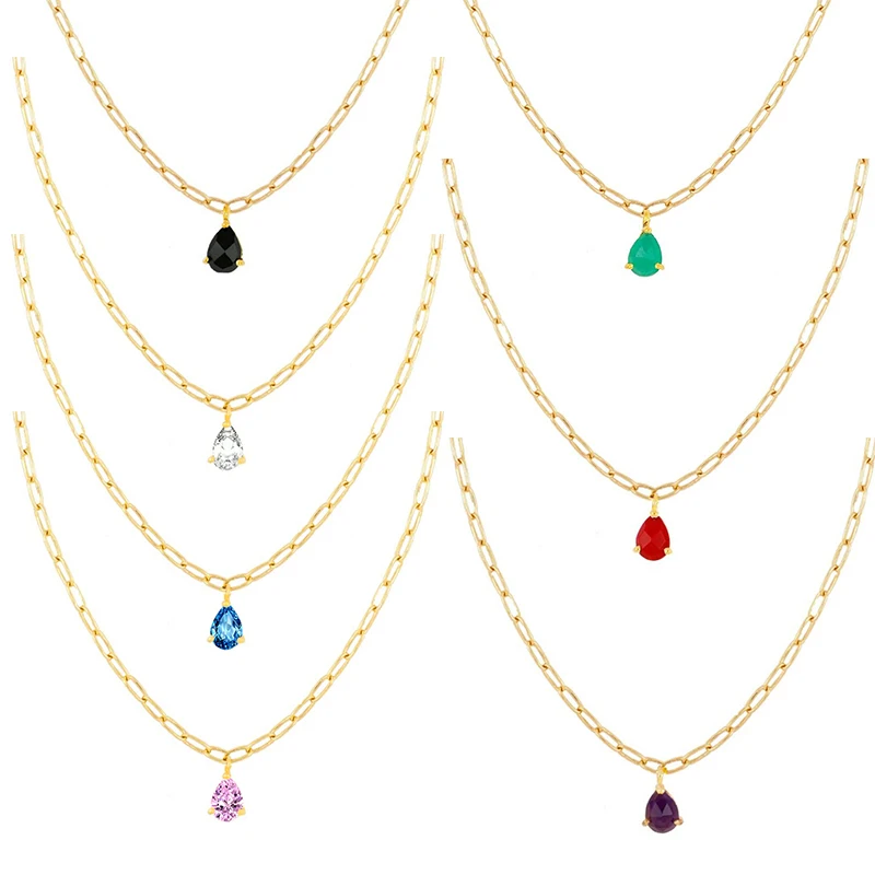 

fashion minimalist jewelry 925 sterling silver paper clip chain colorful water drop diamond gold plated necklaces for women