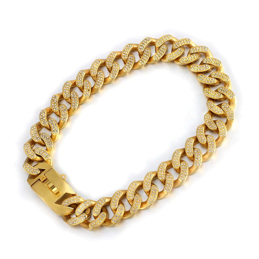 oumi 批发定制标志大不锈钢黄金钻石狗项圈古巴链接链为宠物